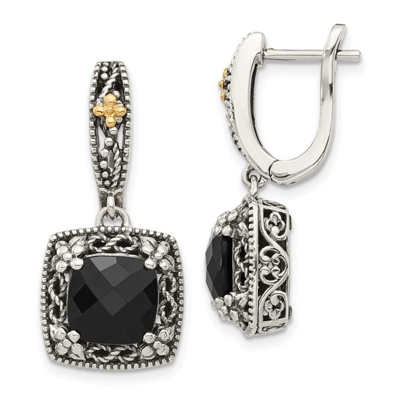 925 SS w 14K Accent Antiqued Checkerboard-cut Black Onyx Hinged Hoop Earrings